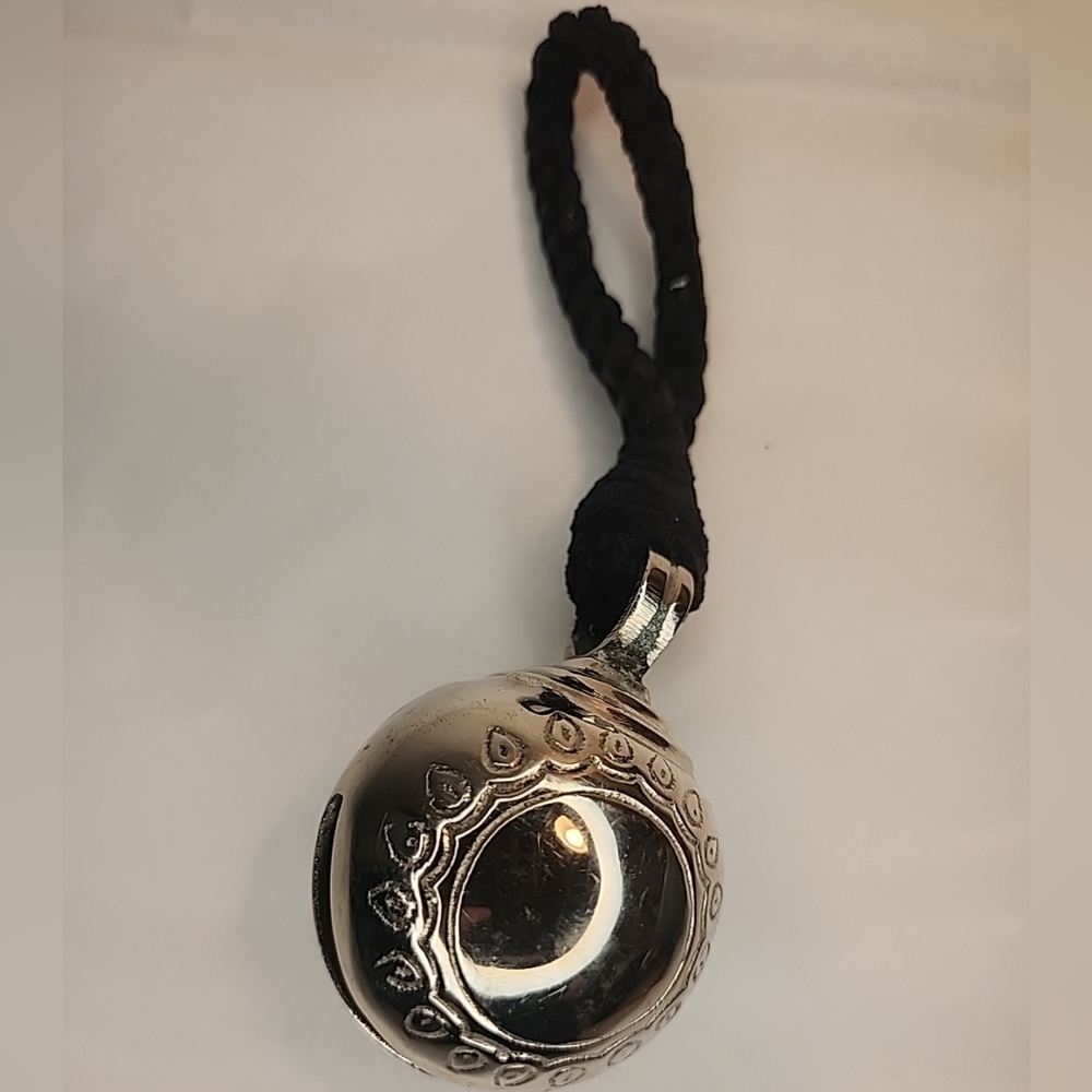 Silver Plated Sleigh Bell Christmas Ornament Black Cord Etched Design 3"